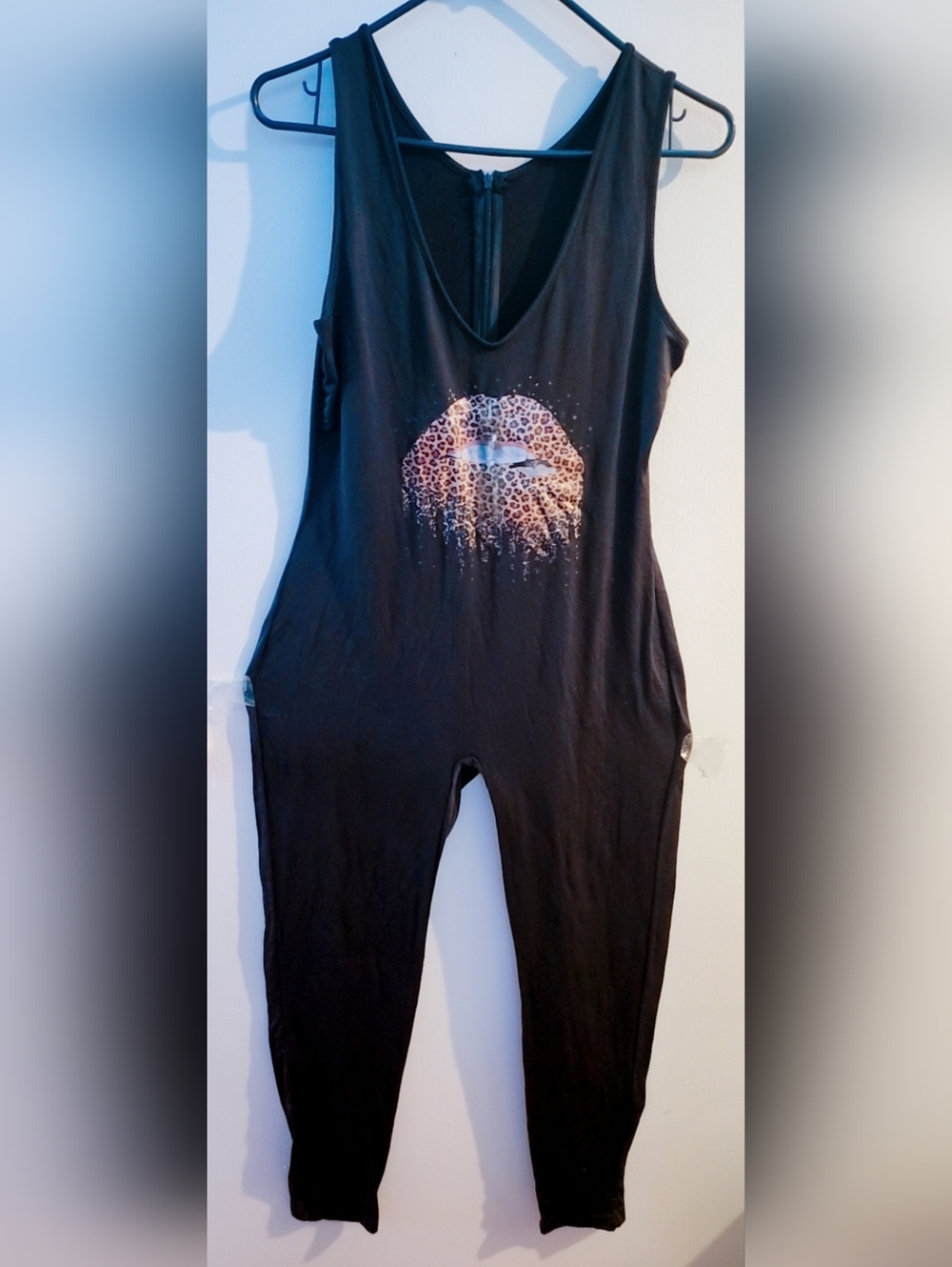 Women's Black Sleeveless Jumpsuit with Leopard Lip Graphic